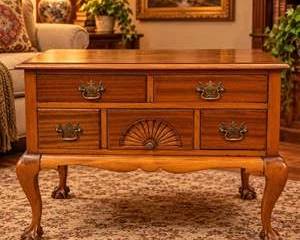 Vintage Chippendale Style Lowboy Chest Table Carved Shell Ball & Claw Feet Brass Bat Wing Pulls