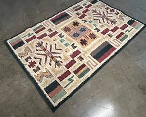 Southwestern Navajo Style Area Rug Geometric Storm Pattern Cream Teal Burgundy Green Border