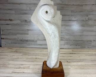 BPLot #58 Modernist Abstract Carved Stone Sculpture Spiral Stepped Form Walnut-Toned Wood Base Unsigned