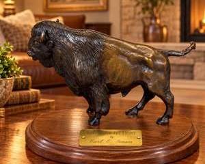 Carl E. Jensen "Bull on the Fight" Bronze Bison Buffalo Sculpture on Wood Base Western