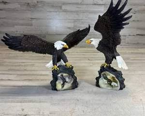 Pair Bald Eagle Figurines Ted Blaylock Art Wings Spread Resin Rock Base Wildlife Sculpture