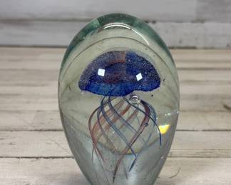 BPLot #64 Art Glass Jellyfish Paperweight Blue Red Encased Egg Shape Murano Style Sea Life Figurine