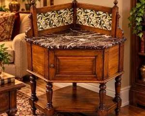 Antique English Style Corner Washstand Cabinet Burgundy Marble Top Floral Tile Backsplash Made in