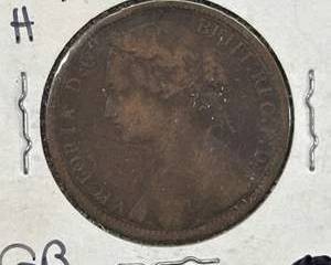 1874-H Great Britain Victoria Bun Head Penny 1d Bronze + Worn Spanish Bronze Coin, 2 Coins