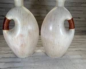 Pair Large Ceramic Floor Vases Cream Distressed Glaze Rattan Wrapped Loop Handle Southwest Style