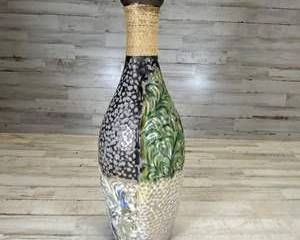Privilege International 34045 Ceramic Floor Vase Patchwork Embossed Jute Neck Bottle Shape