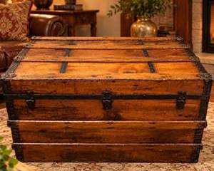  Antique Wood Slat Steamer Trunk Flat Top Black Metal Bands Corner Hardware Victorian Era c1900