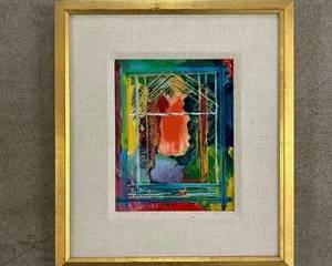Vintage Martha Daniels Abstract Expressionist Window Landscape Oil Painting on Board Gilt Frame Linen Mat