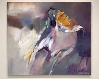 Lot #80 Signed Abstract Equestrian Horse Painting on Gallery Wrap Canvas Purple Impasto Palette Knife