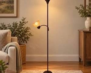 Torchiere Floor Lamp with Adjustable Reading Arm Bronze Metal Frosted Peach Plastic Shades