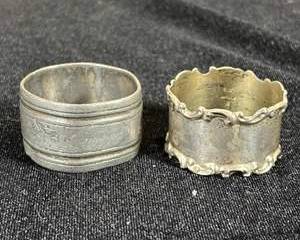 Sterling Silver 2 Antique Napkin Rings, Sterling 703 Scalloped Scroll Edge Engraved Mary, Banded Ste