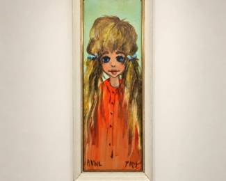 JCLot #78 Michel Paris Vintage Big Eyed Girl Painting on Canvas Framed 1960s Style Kitsch Art