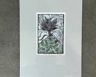 BPLot #28 Icarus Tree Hand Colored Woodcut Linocut Print 13/35 Signed M. Hill Limited Edition Matted