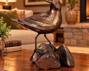 Bronze Sandpiper Shorebird Sculpture on Rock Base, Signed Steve Tyree, Textured Finish