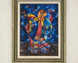BPLot #18 Karim "In Brooding Mood" Original Cubist Style Painting on Crinkled Paper Framed Modernist Figure