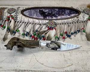 Bradford Exchange Al Agnew Silent Encounter Wolf Knife & Silent Snows Beaded Fringe Sheath