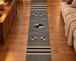Lot #45 Vintage Southwestern Chimayo Style Woven Wool Runner Rug Gray Burgundy Teal Cream Bird Motif