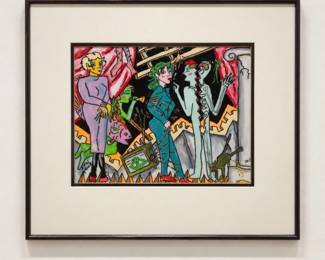 BPLot #6 Louis Recchia Split-Personality Signed Original Surreal Figurative Painting Skeleton Cat TV Framed