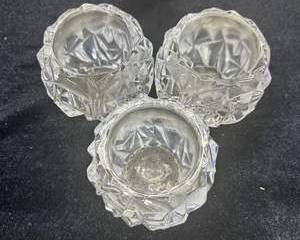 Set of 3 Tiffany & Co Faceted Crystal Glass Votive Candle Holders Rock Cut Geometric Rose Bowl Style