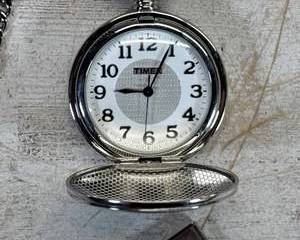 Timex Quartz Hunter Case Pocket Watch Silver Tone Arabic Numerals Guilloche Dial with Chain