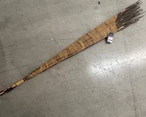 Vintage Susan Gutt Handwoven Woven Tribal Cane Rattan Fan Shaped Wall Hanging Dark Wood Rods Geometric Pattern