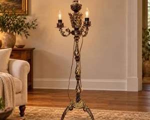 Vintage Brass 3-Light Candelabra Floor Lamp Flower Basket Tripod Base - Untested, Rewire Needed