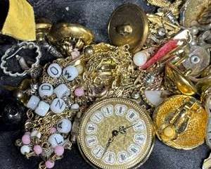 Vintage Costume Jewelry Lot Webster 5th Ave Pendant Watch Untested, Clip Earrings, Charms, Keys