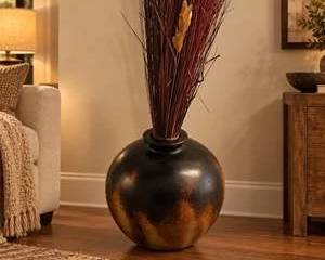 Large Burnished Black Terracotta Pottery Floor Vase Orange Fire Flashing Southwestern Style