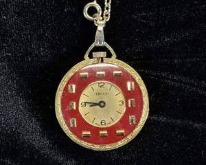 Vintage Trice Swiss Made Pendant Watch Red Dial Base Metal Gold Tone w/ Chain - Untested