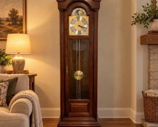 PLot #86 Howard Miller Grandfather Tall Case Clock Moon Phase Dial Brass Chain Driven Cherry Finish