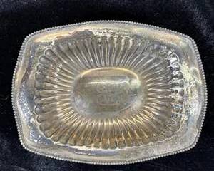 Antique Sterling Silver Fluted Oval Bread Tray Beaded Rim Script Monogram 110.9g Lion Mark 4936