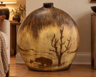 PLot #87 Southwestern Rustic Pottery Moon Flask Vase Hand Painted Bear Tree Mountain Landscape Decor