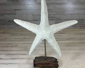 Coastal Decor Large White Starfish Sculpture on Metal Rod Faux Driftwood Base Nautical