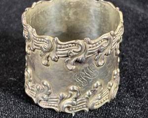 Antique Sterling Silver Repousse Napkin Ring Scroll Border Script Monogram Victorian c1900 40.3g