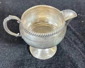 Antique Sterling Silver Footed Creamer Pitcher Gadroon Rim Beaded Band Scroll Handle Weighted Base