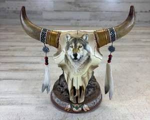  Southwestern Resin Steer Skull Wolf Portrait Sculpture Native American Style Feathers Beads