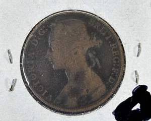 1883 Great Britain Queen Victoria Bronze One Penny Bun Head Britannia Heavily Worn UK Coin