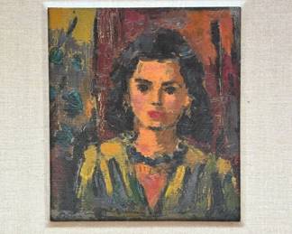 BPLot #21 Vintage Expressionist Oil Portrait Painting of Woman Dark Hair Impasto Linen Matted Framed