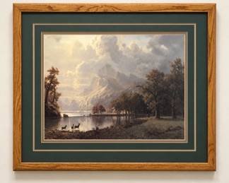 PLot #82 Albert Bierstadt Style Landscape Print Elk at Lake Yosemite Valley Oak Frame Green Triple Mat