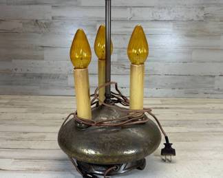 Lot #50 Vintage 3-Light Candelabra Table Lamp Textured Bronze-Tone Finish Amber Flame Bulbs Repaired Wiring