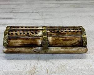Bone & Brass Hinged Barrel Top Trinket Jewelry Box Pierced Cutwork Lid Velvet Lined India-Style