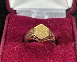 Vintage 14K Yellow Gold Filigree Signet Ring Hexagonal Face Script Monogram SGJ 1.8g Boxed
