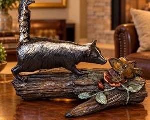 Di Simpson 2009 Bronze Skunk Sculpture on Log w/ Butterfly & Flower 1/20 Signed Numbered Cold Painte