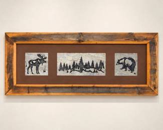 PLot #81 Rustic Western Wildlife Wall Art Moose Bear Pine Trees Slate Tiles Reclaimed Barnwood Frame