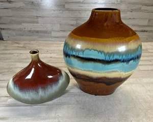2 Ceramic Drip Glaze Vases Three Hands Corp 60382 & Target 2009 Teal Brown Burgundy Sage
