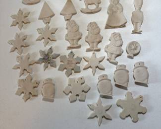 Let’s paint!! 27 fired  bisque porcelain Christmas ornaments two of them have been painted by Vickie Gleissner, BFA, ASID (Ret.) Vintage 1970s Hand-Painted Fired China Porcelain Ornament Lot (27 Pcs) – $125 complete package. NOTE 2 of the Christmas trees are missing their bases.