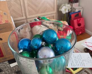 Mid-century 1970s Mercury glass ornaments 17 vintage rare, peacock blue, emerald includes premium trifle bowl soda set $45