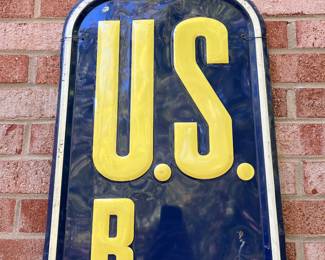 A54 - $650. 1950 US Royal Farm Tires metal sign. Bottom Right is stamped AAW 9-50. Measures 16“ x 60.5“.