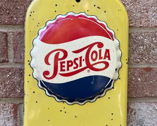 A18 - $225. 1950s Yellow Pepsi metal thermostat. Thermostat works. Measures 7.5“ x 27“.