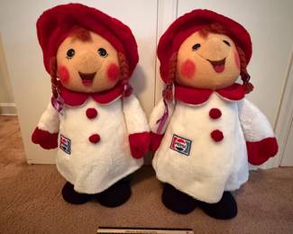 A211 - $20 each. 1970s Pepsi Christmas Carolers plush dolls by “Animal Fair.” (2) Measures 25 inches tall. In great, vintage shape.